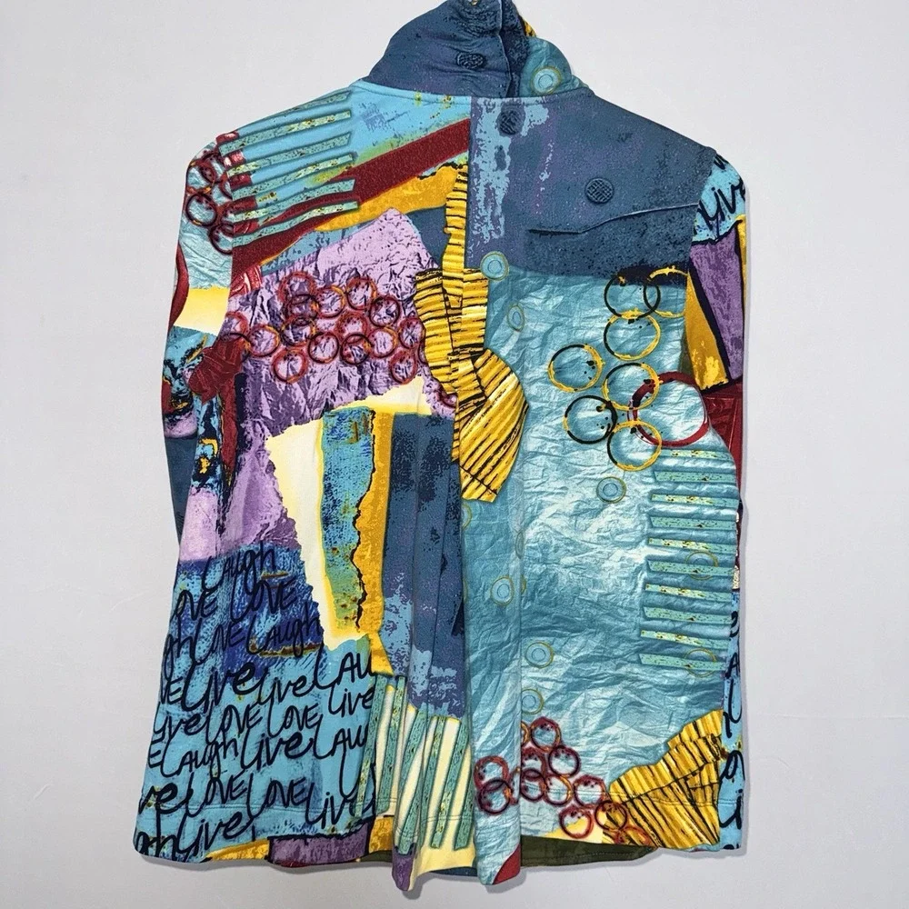 Multiples Abstract Art Print Button‎ Collared Ruffle Pockets Jacket Women's S